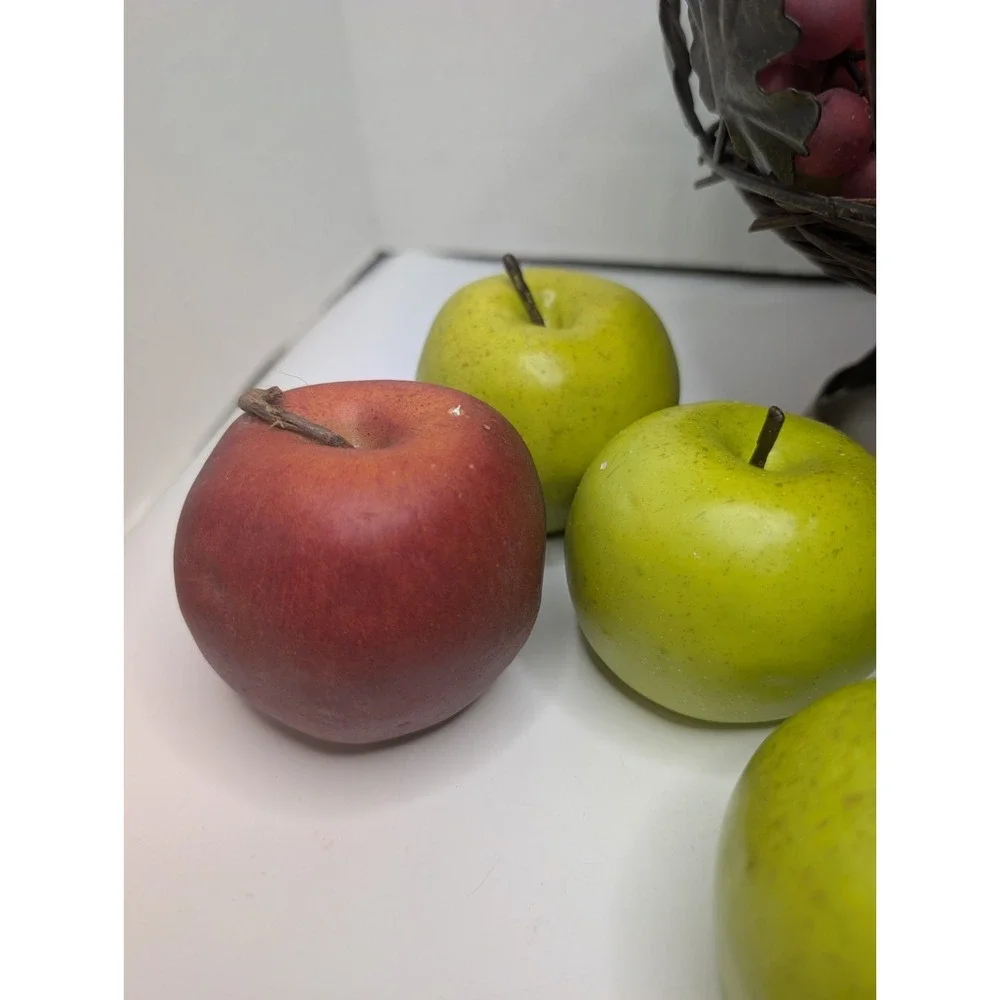 Realistic Vintage Faux Fruit Bowl Metal Basket 16 Pc Kitchen Grapes Apples Pears